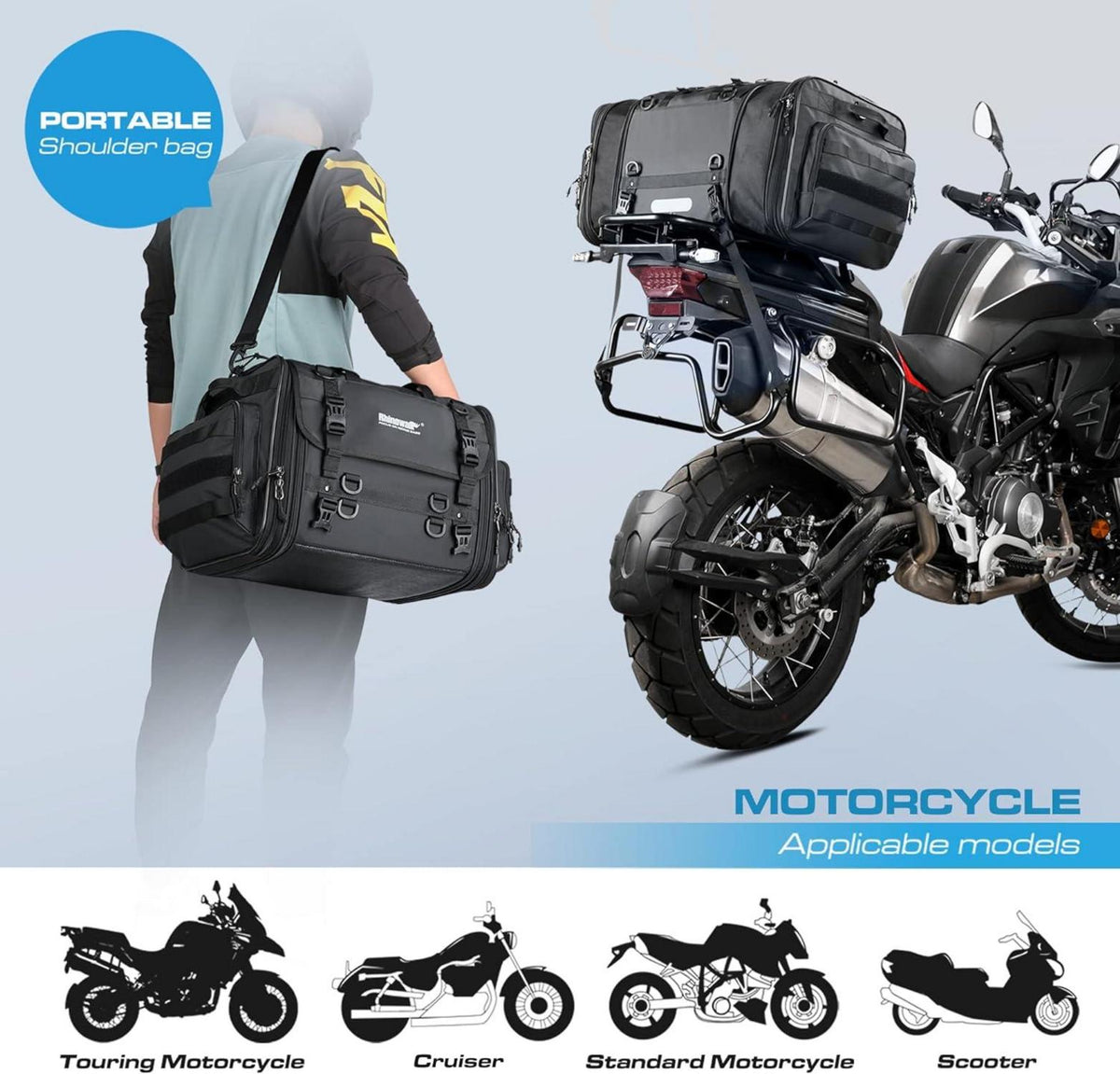 Motorrad Satteltasche 40-60L Wasserdicht Rücksitztasche Schwarz
