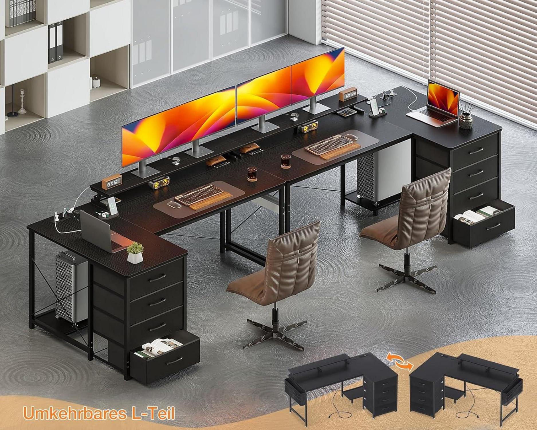 ODK L-förmiger Schreibtisch mit USB-Ladeanschluss und Steckdose, Schwarz 140x80cm