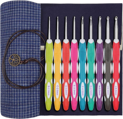 9er Häkelnadel Set mit Weichem Griff und Fall, Aluminium-Hakenkopf