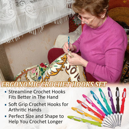 9-teiliges Häkelnadelset mit weichem Griff und Tasche, Aluminium-Haken, 2,0-6,0 mm