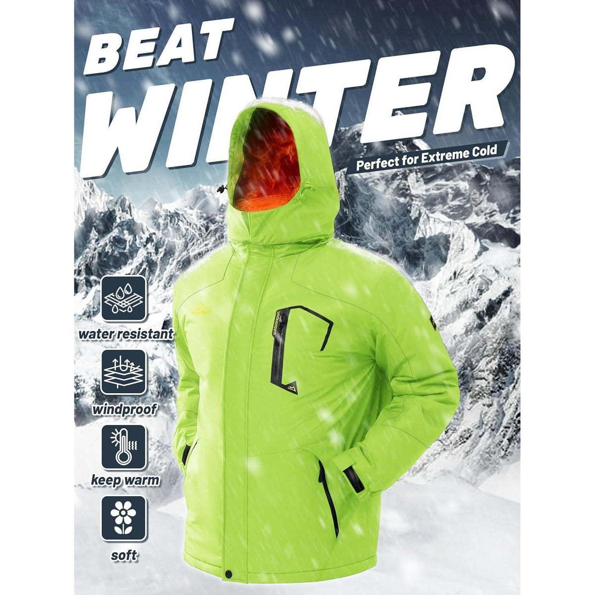 Herren Winterjacke wasserdicht warm mit Kapuze Neongrün