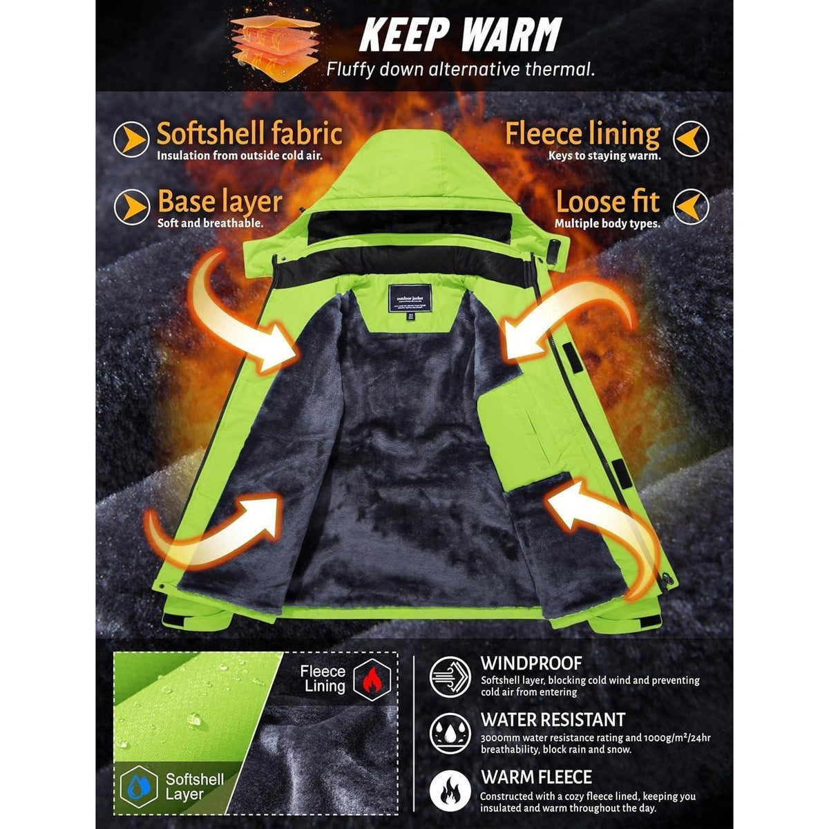 Herren Winterjacke wasserdicht winddicht mit Fleece Neongrün XL