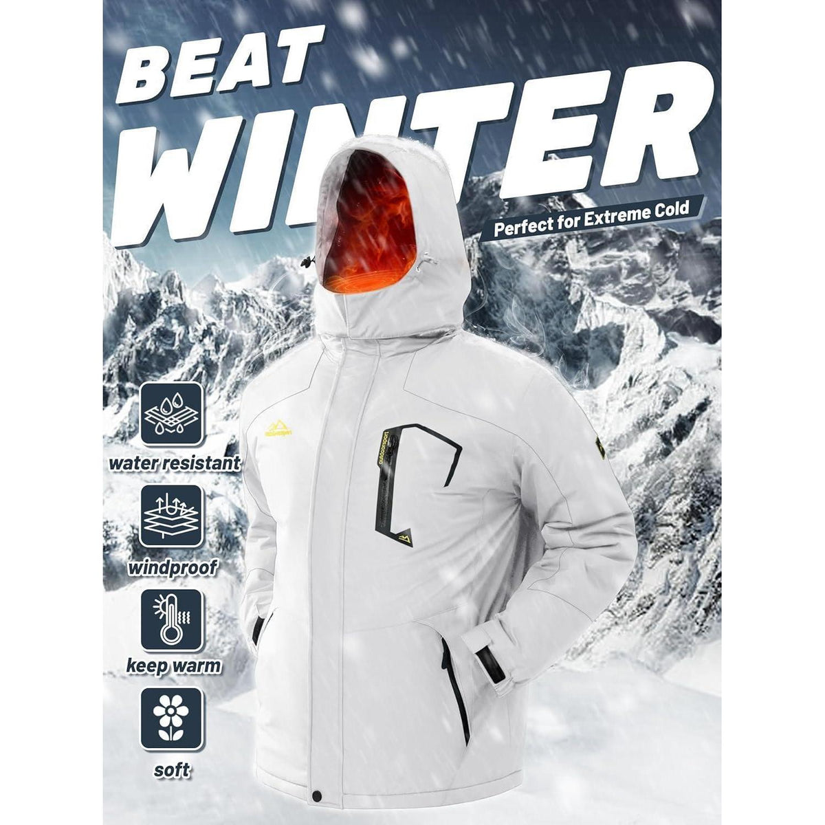 Herren Winterjacke wasserdicht warm gefüttert mit Kapuze 3XL Weiß