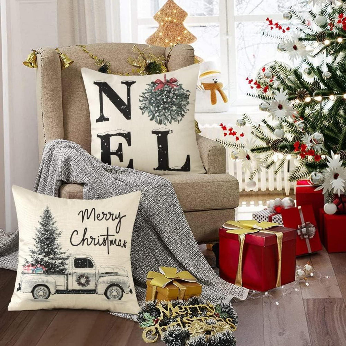 Weihnachten Deko Kissenbezüge 4er Set Leinen 40x40 cm Santa Baum Sofakissen
