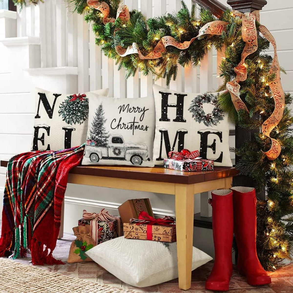 Weihnachten Kissenbezug Set Leinen Deko Zierkissen 40x40 cm Sofa Wohnzimmer