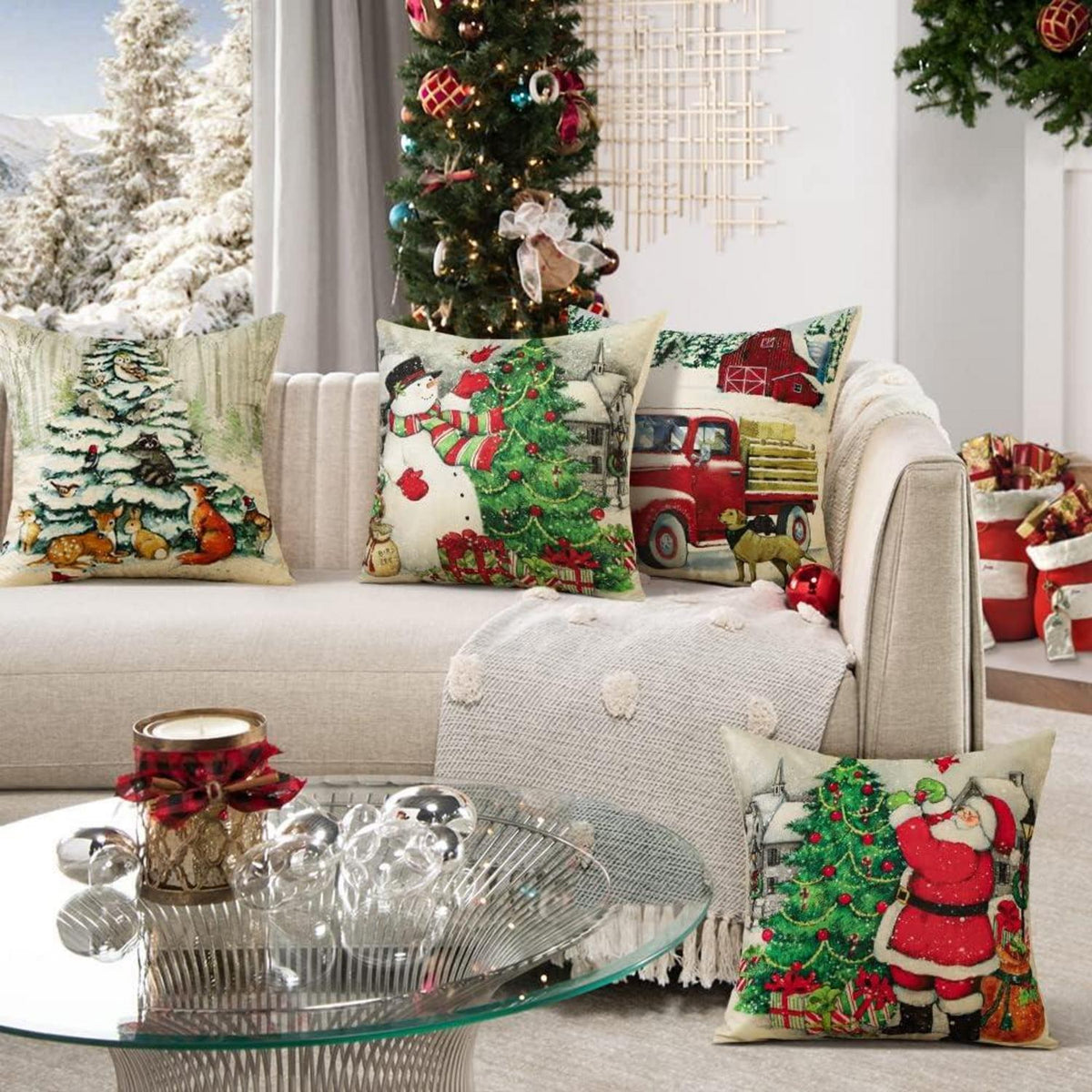 4er Set Weihnachten Kissenbezüge Leinen Deko Schneemann