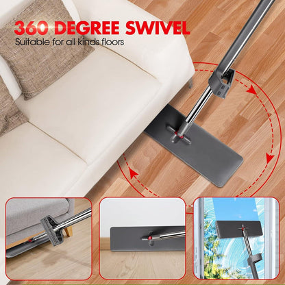 Flachmopp mit Auswringfunktion und 6 Mikrofaser Wischpads, Bodenwischer Set für Hartholz Laminat Fliesen, Grau-Rot