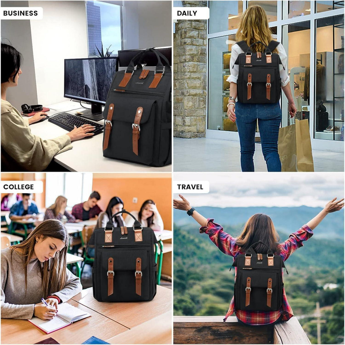 Großer Damen Laptop Schulrucksack Schwarz wasserdicht für