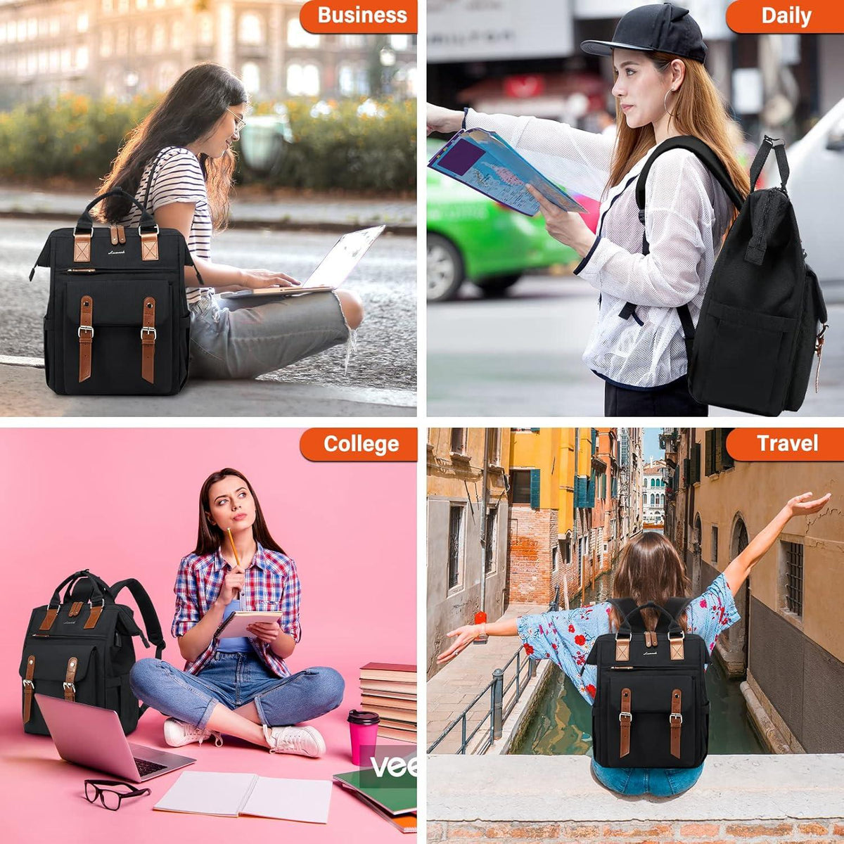 Damen Rucksack Schwarz 15,6 Zoll Laptop Schulrucksack Mädchen