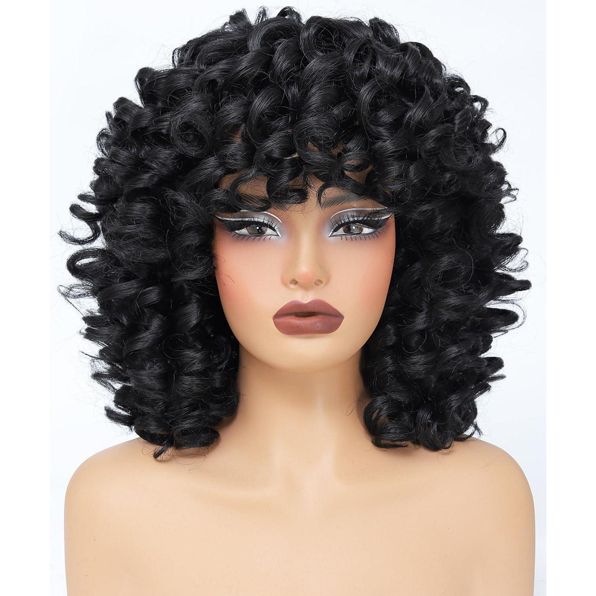 Afro Lockenperücke Damen Synthetisch Kurz mit Pony Schwarz