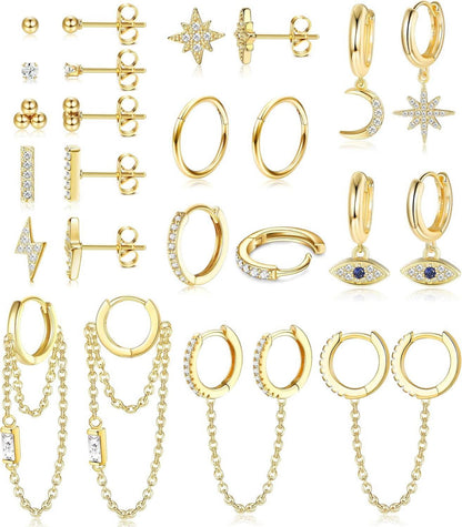 Kleine Damen Edelstahl Ohrringe Set mit Kette & Zirkon, 12Paar