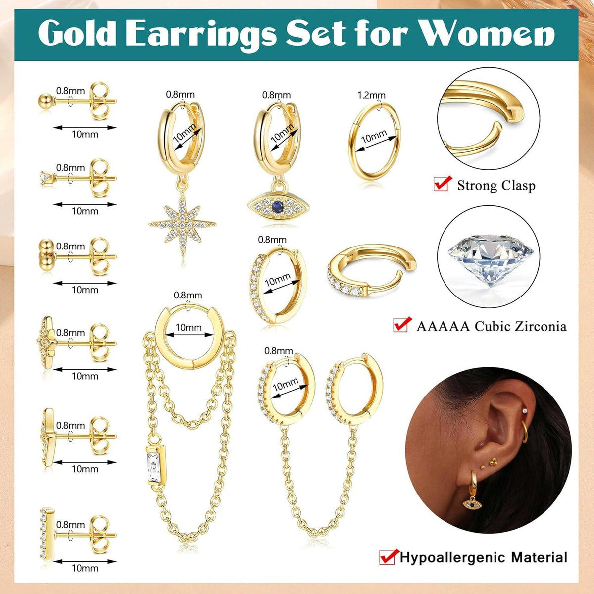 Kleine Damen Edelstahl Ohrringe Set mit Kette & Zirkon, 12Paar