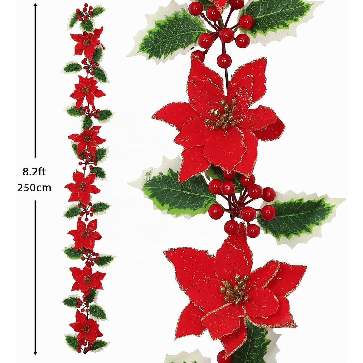 250cm Rote Blumen Girlande Weihnachten mit Beeren & Blättern