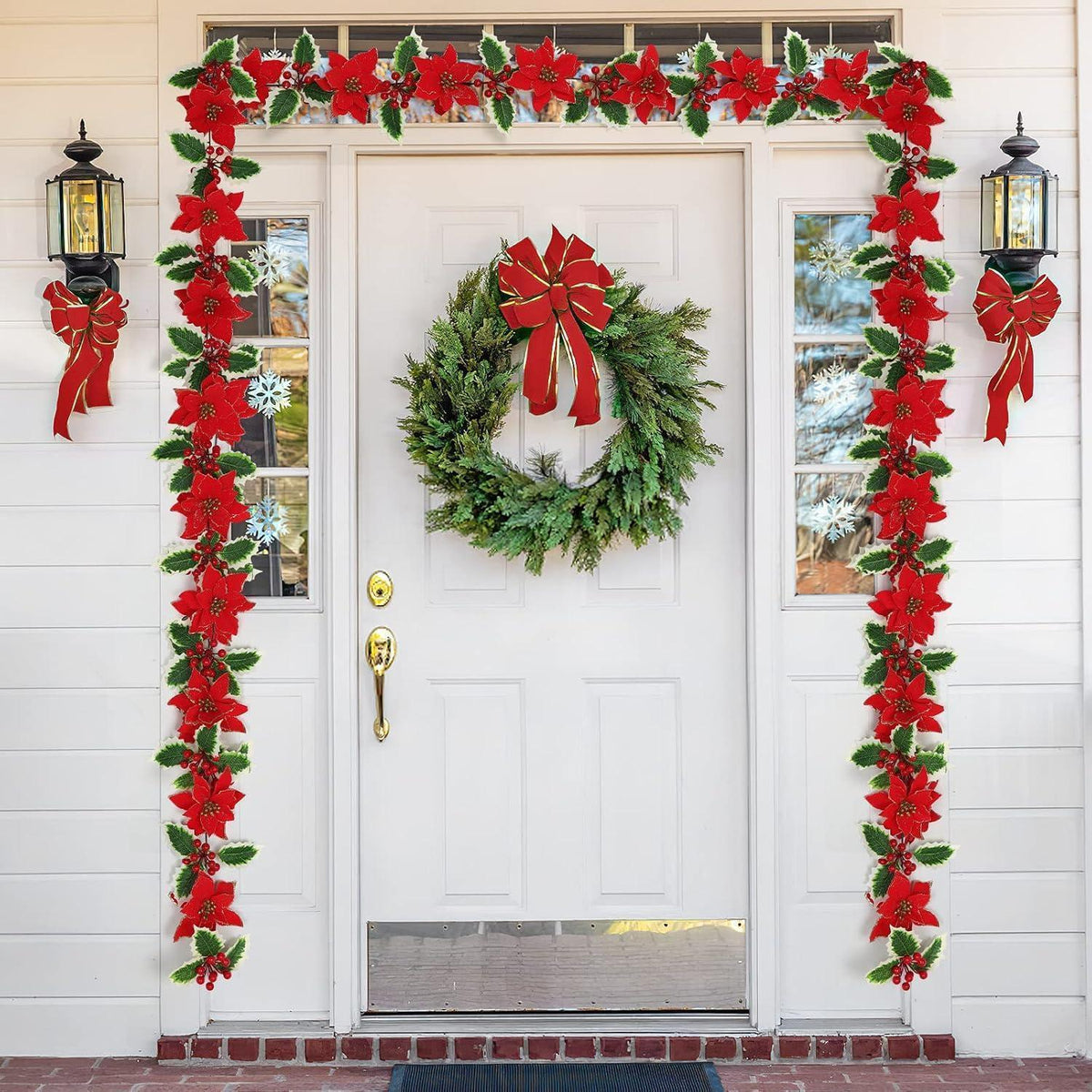 250cm Rote Blumen Girlande Weihnachten mit Beeren & Blättern