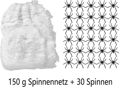 Halloween Spinnennetz 150g + 30 Stück Spinnen Deko Horror