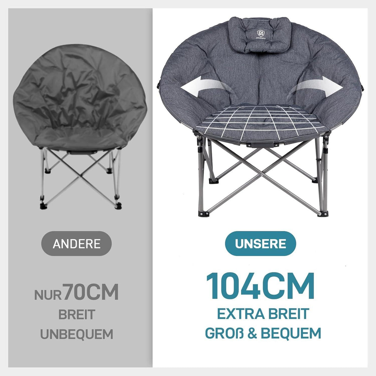 Campingstuhl XXL 150KG, Faltbar Moonchair Grau, Dick Gepolstert