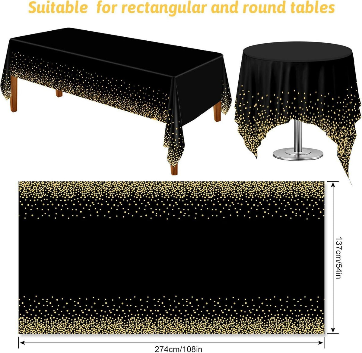 Schwarze goldene Einweg Tischdecke 137x274cm Punkte Konfetti