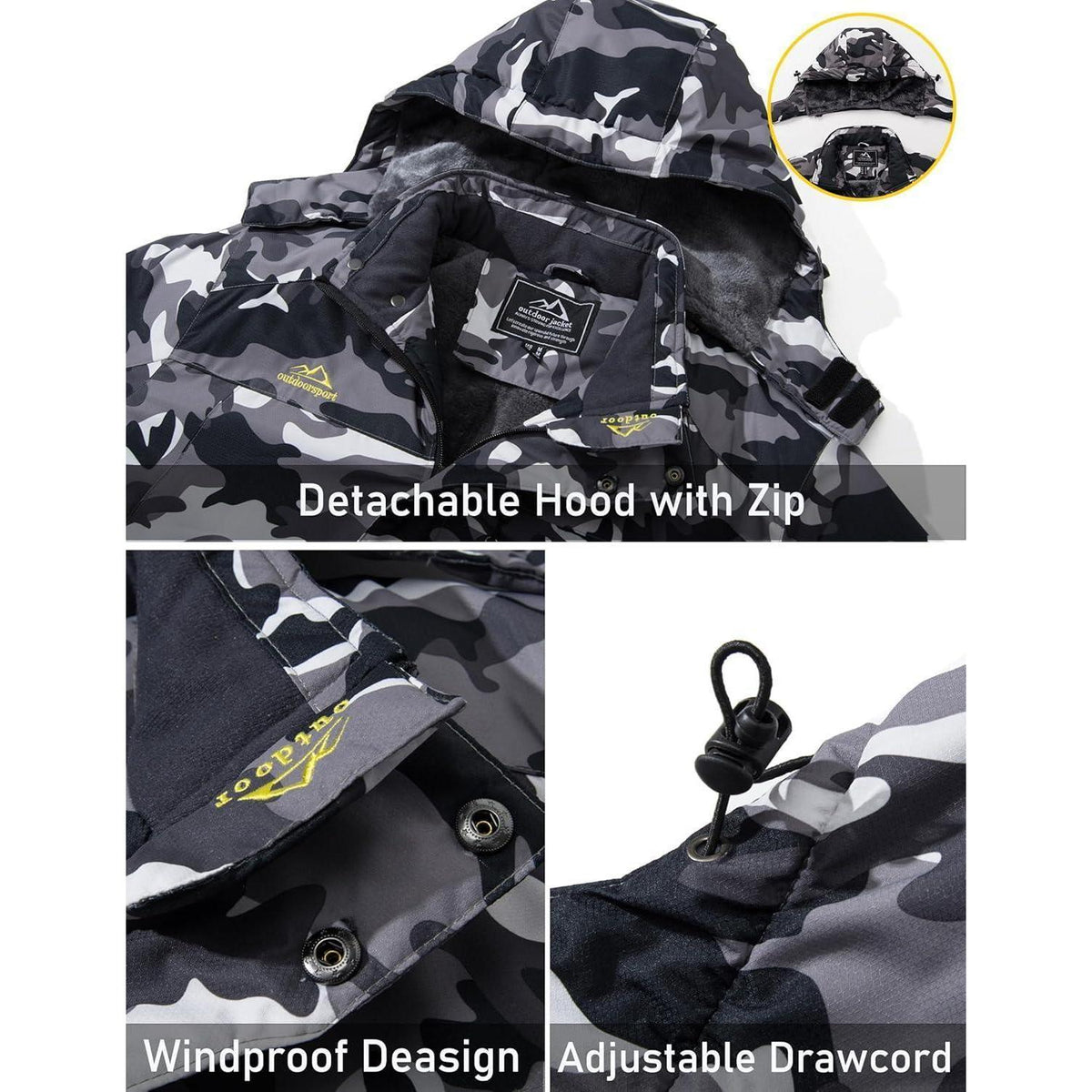 Herren Fleecejacke Winter Warm Gefüttert Skijacke Outdoor Schwarz-Camo S