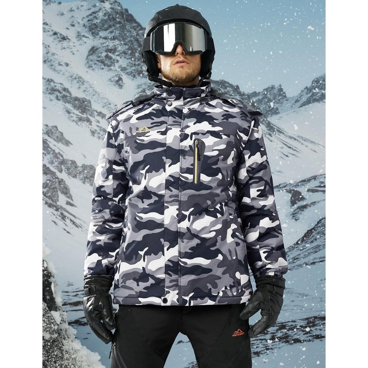 Herren Fleecejacke Winter Warm Gefüttert Skijacke Outdoor Schwarz-Camo S