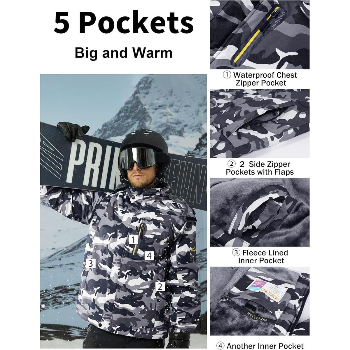 Herren Winterjacke warm gefüttert winddicht wasserdicht abnehmbare Kapuze Schwarz-Camo M