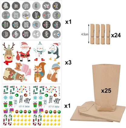 Adventskalender zum Selberbefüllen Braun 24 Weihnachtstüten & Aufkleber