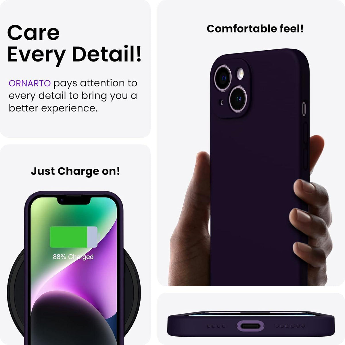 ORNARTO iPhone 14 Plus Hülle 6,7 Zoll 2022 + 2x Schutzfolien Silikon Gel Dunkelviolett