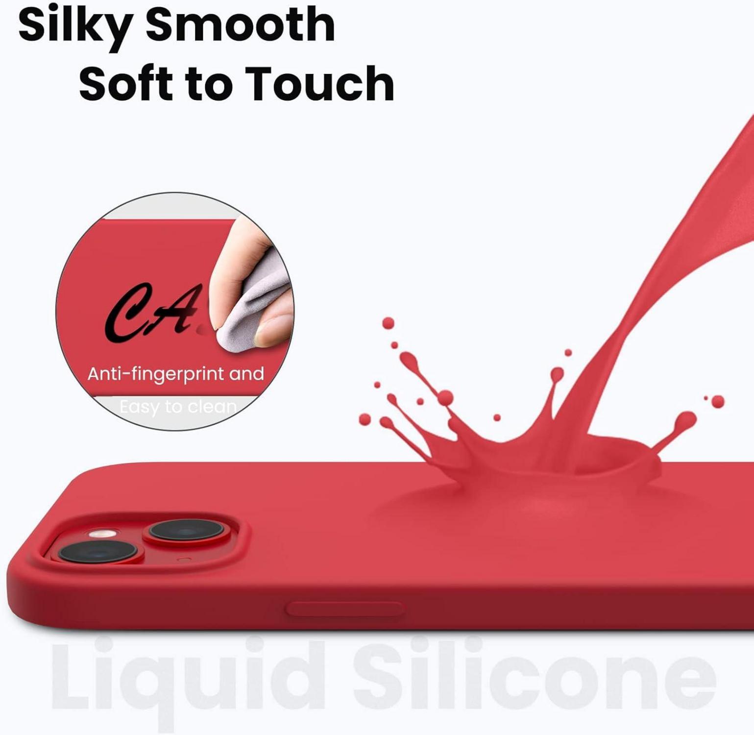 iPhone 14 Plus Hülle Rot, Panzerglas Schutzfolie, Liquid Silicone Case