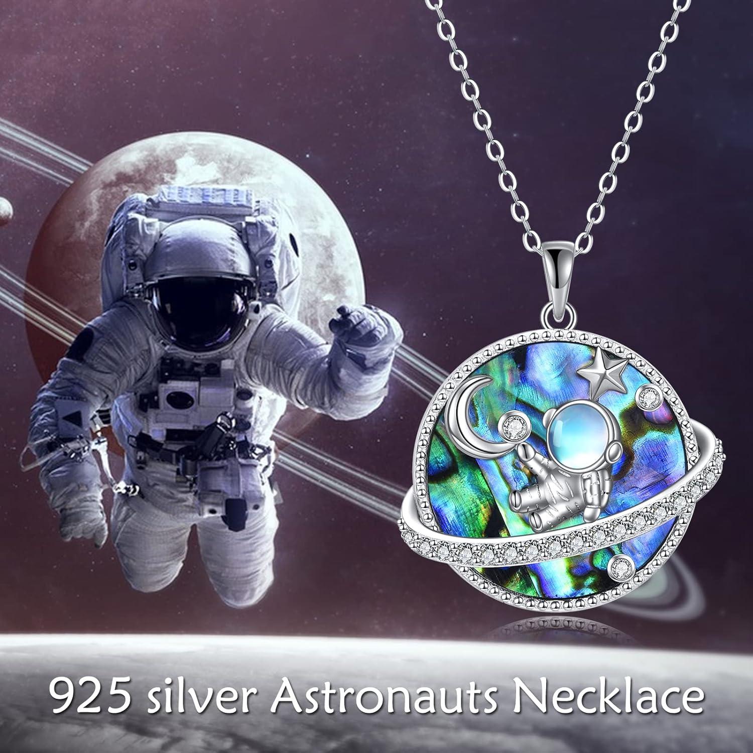 Mondstein Astronaut Halskette Sterling Silber Blauer Planet Anhänger