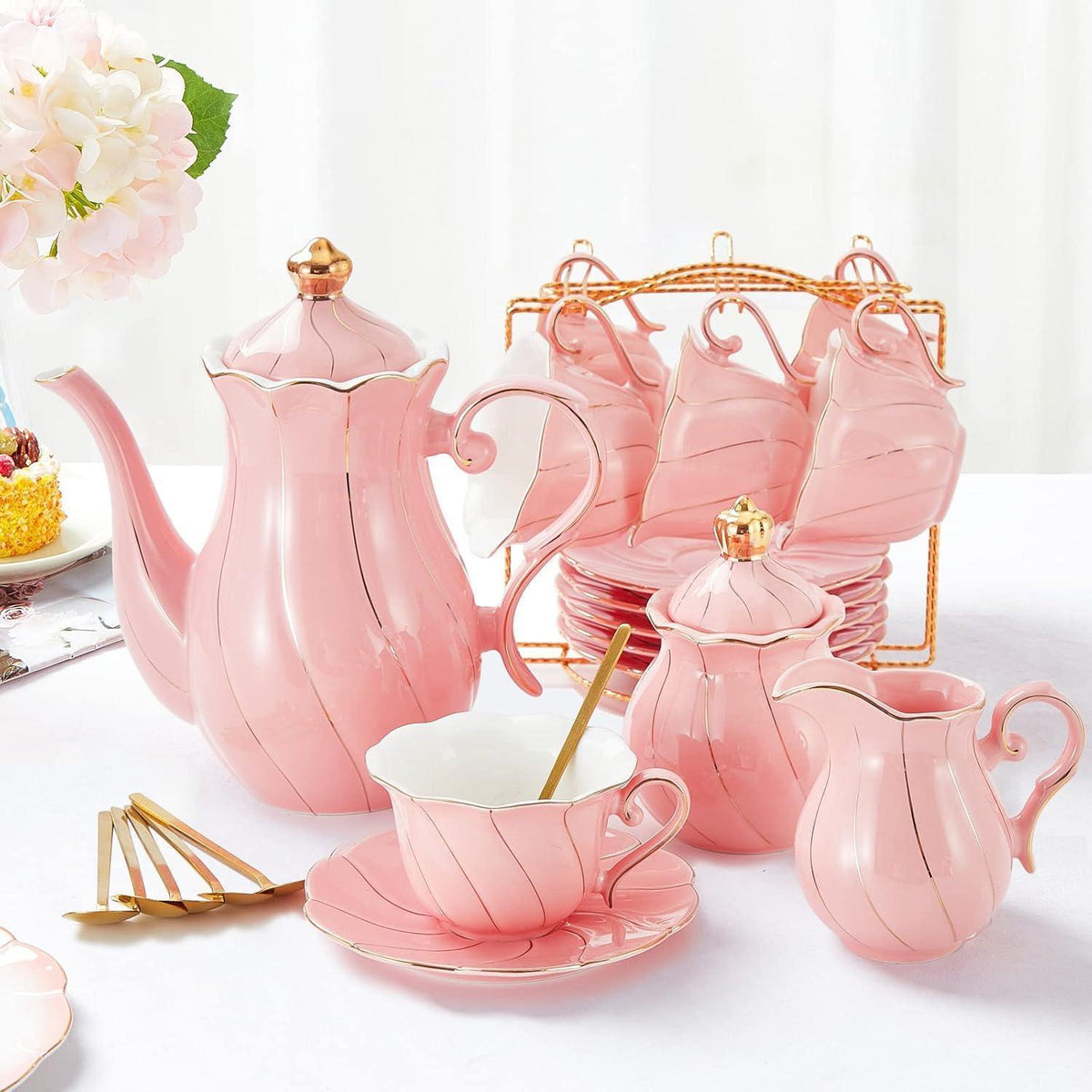 Luxuriöses Teeservice für 6 Personen, Porzellan, Goldrand, Rosa