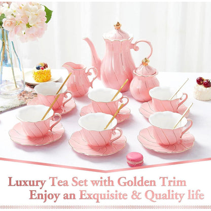 Luxuriöses Teeservice für 6 Personen, Porzellan, Goldrand, Rosa