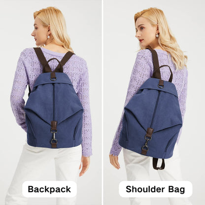KONO Canvas Damen Rucksack Vintage Daypack Groß Blau
