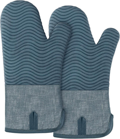 Hitzebeständige Silikon Baumwolle Ofenhandschuhe 2er Set - Blau