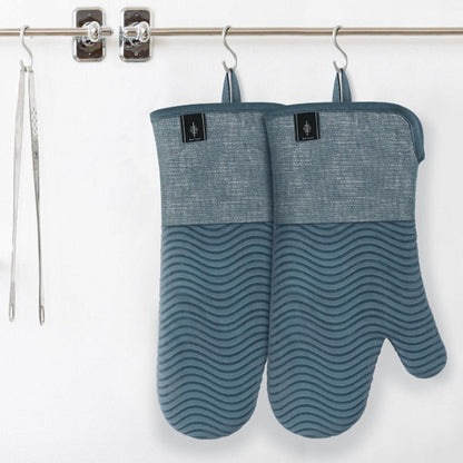 Ofenhandschuhe Hitzebeständig Extra Lang Baumwolle Silikon 2er Set Blau