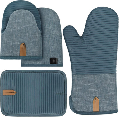 Hitzebeständiges Ofenhandschuh-Set mit Silikonstreifen, blau