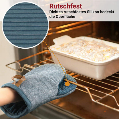 Hitzebeständiges Ofenhandschuh-Set mit Silikonstreifen, blau