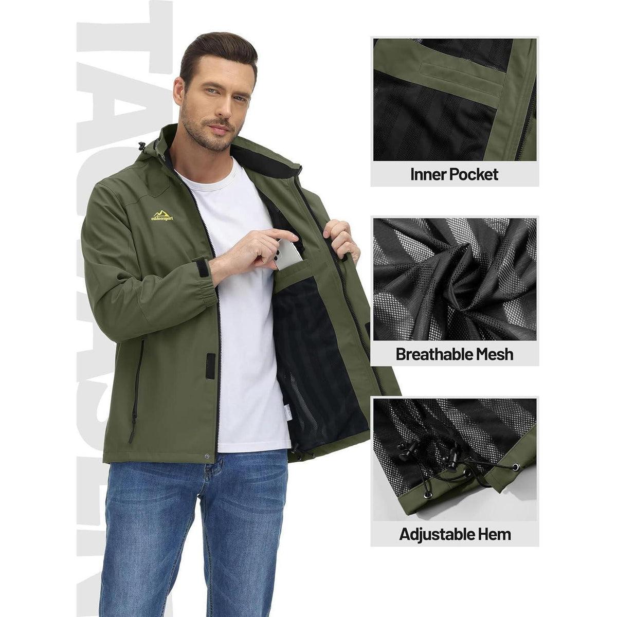 Herren Outdoorjacke leicht wasserabweisend Armeegrün