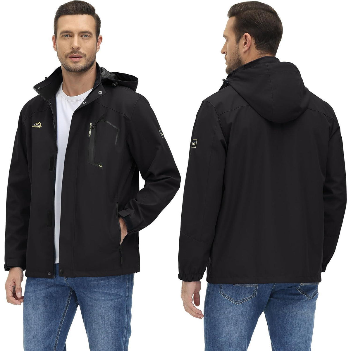 Herren Outdoorjacke Wasserabweisend mit Kapuze Schwarz