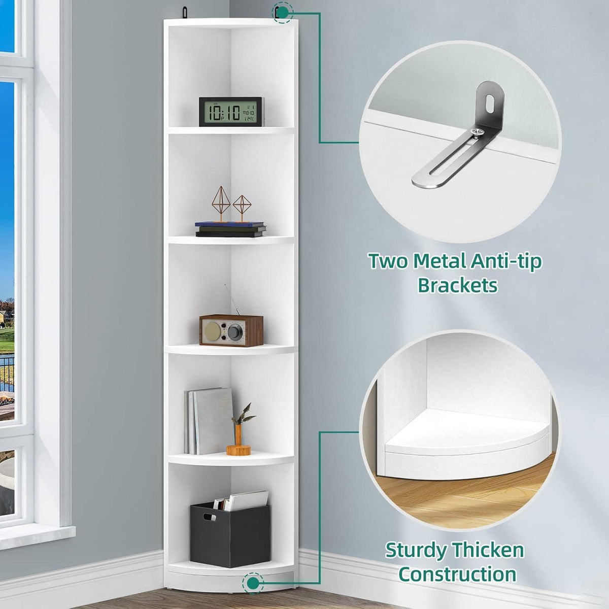 Weißes Eckregal 5-stöckig – Bücherregal für Wohnzimmer & Büro