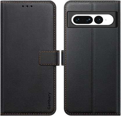 Google Pixel 7 Pro Handyhülle Schwarz Premium Leder Klapphülle mit Kartenschlitzen und Standfunktion