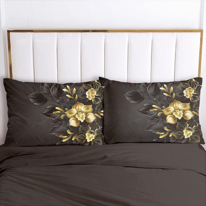 Blumen Bettwäsche Set 135x200 cm Schwarz Gold Romantisch
