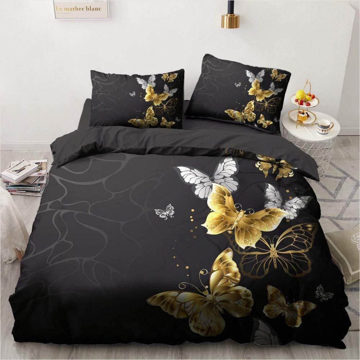 Schmetterling Bettwäsche Set 135x200 cm Schwarz Gold