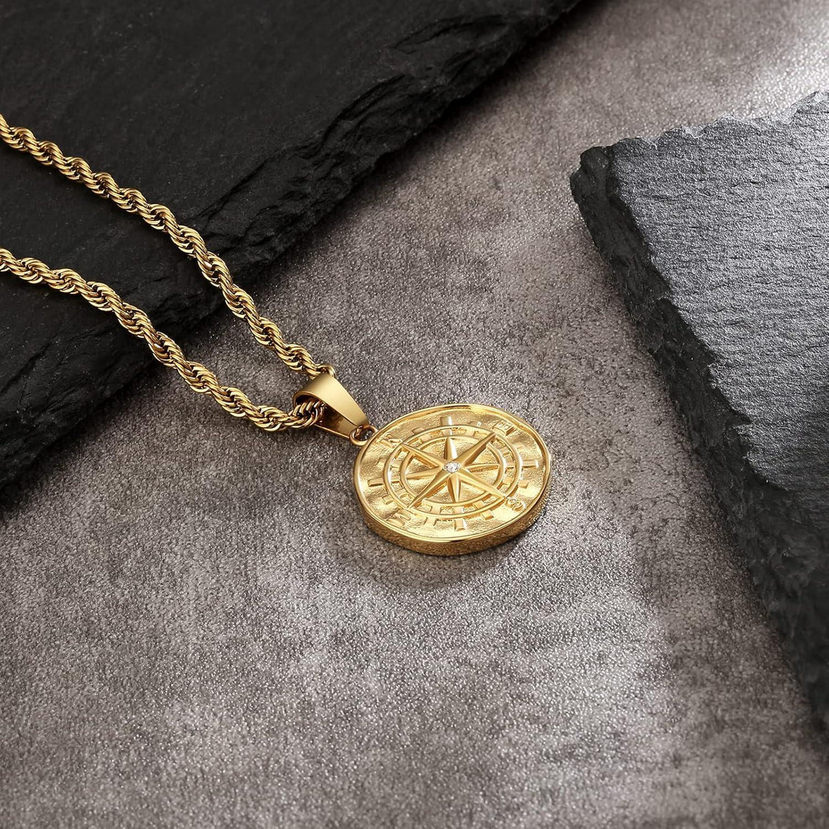 Herren Kompass Anhänger Goldkette 55,9cm Edelstahl 18K