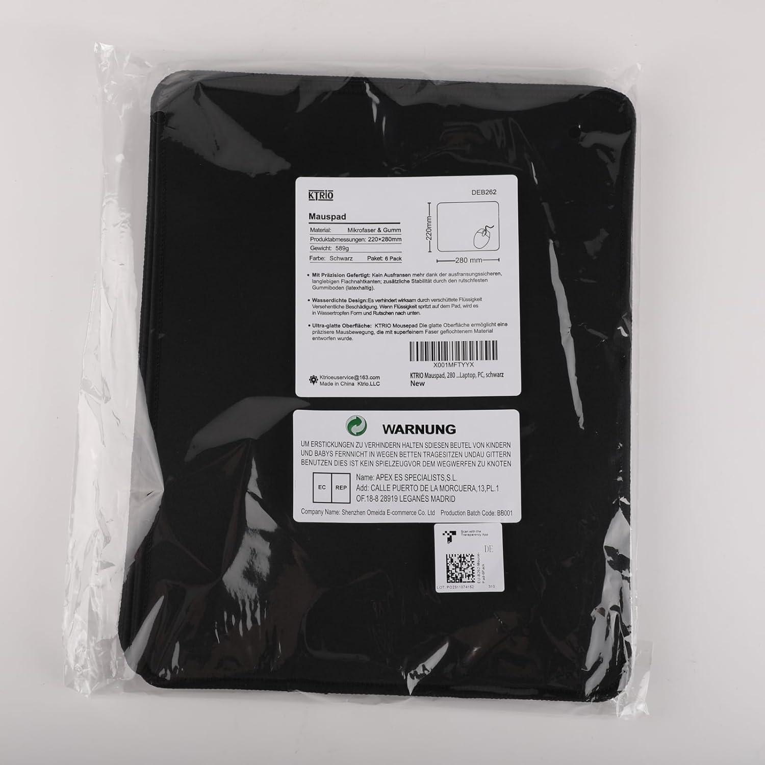 KTRIO Mauspad Mauspads 275x215mm Schwarz 6er Pack vernähte Kanten