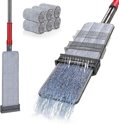 Wischmopp mit Auswringfunktion und 6 Ersatzbezug Pads - Grau/Rot