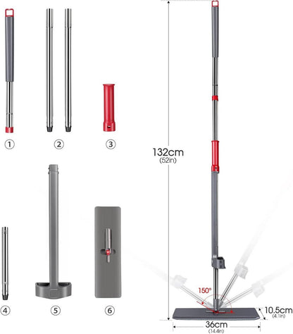 Wischmopp mit Auswringfunktion und 6 Ersatzbezug Pads - Grau/Rot