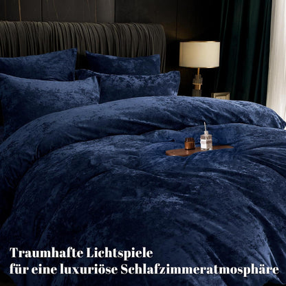 Samt Bettwäsche Set 200x200 Marine Blau mit Kissenbezügen