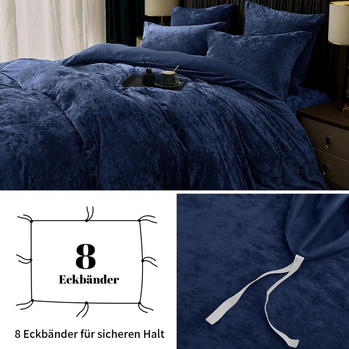 Samt Bettwäsche Set 200x200 Marine Blau mit Kissenbezügen