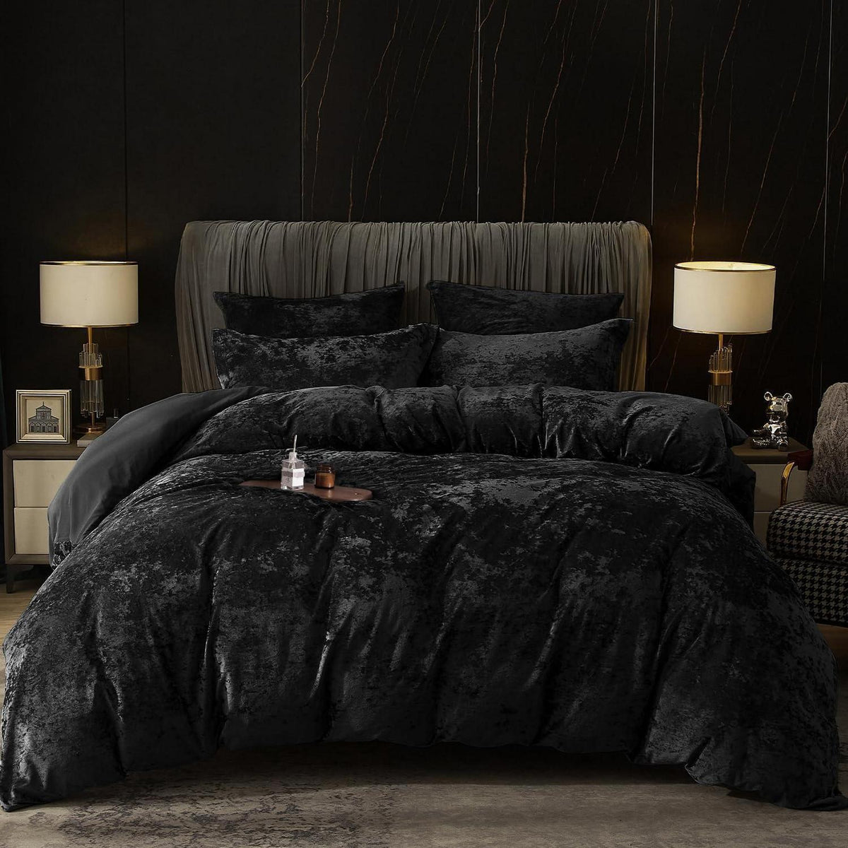 Samt Bettwäsche Set 200x220 Schwarz mit Kissenbezügen