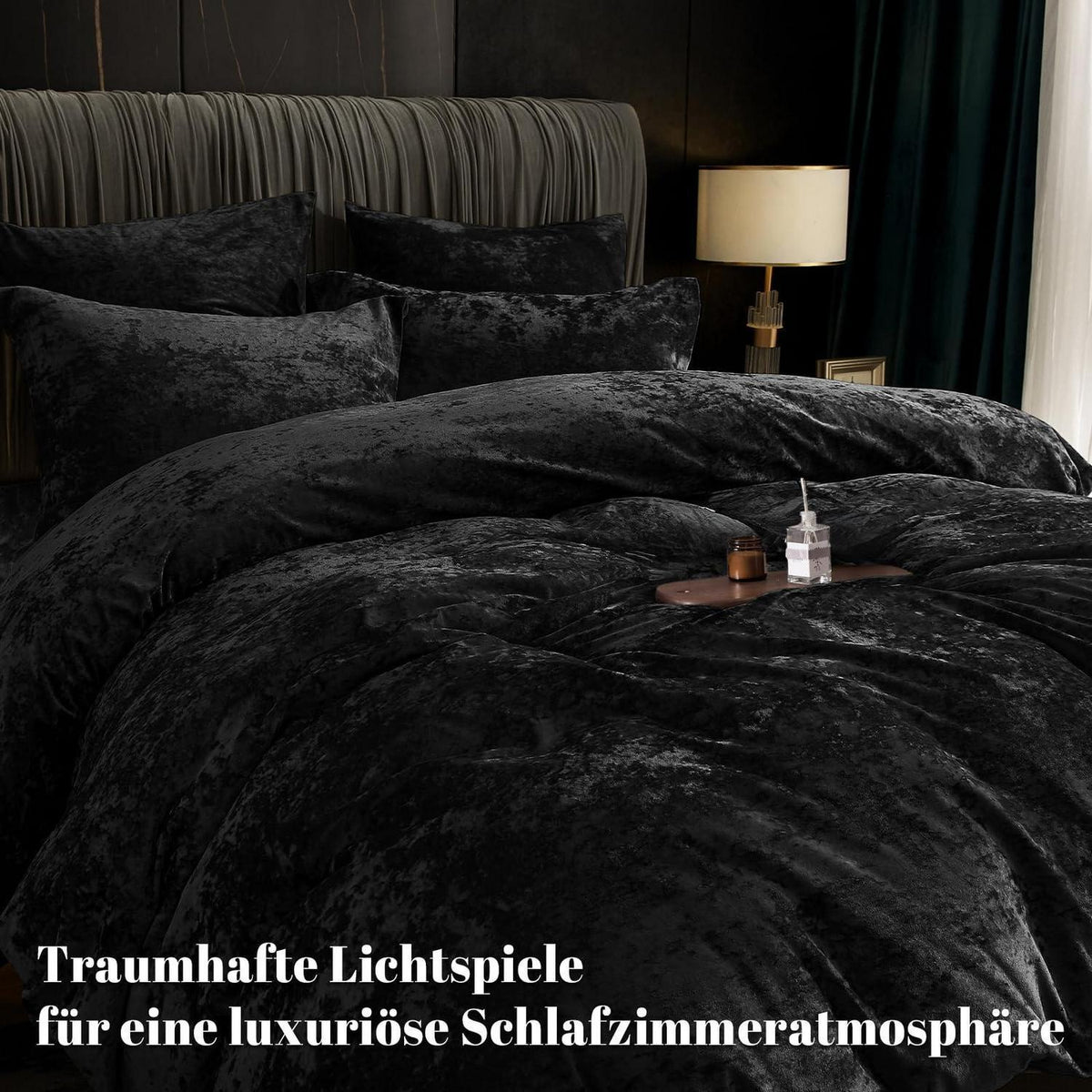 Samt Bettwäsche Set 200x200 mit Kissenbezügen Schwarz