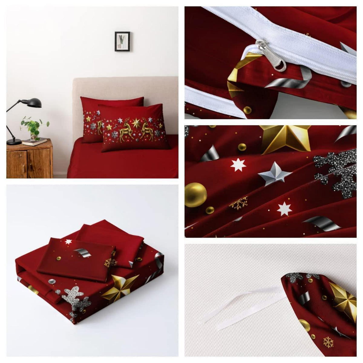 Weihnachtliche Bettwäsche 135x200 4tlg. Rot Grau Sterne Rentier